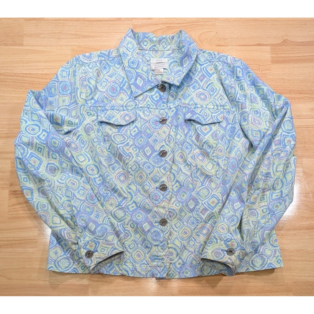 Christopher & Banks Blue Green Geometric Swirl Stretch Button Front Jacket XL